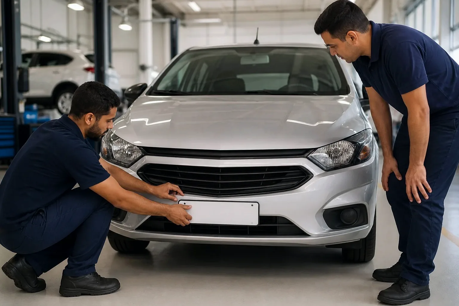 Profissional atendendo cliente para 1º emplacamento de veículo.