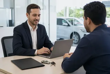 Profissional finalizando o licenciamento de um veículo.