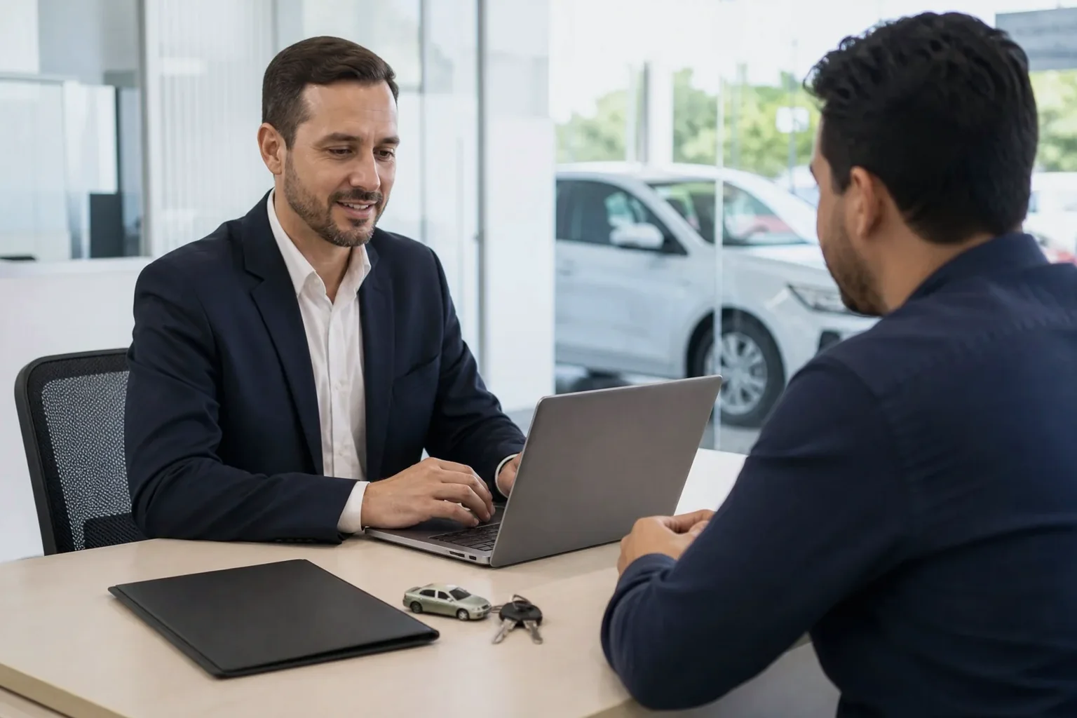 Profissional finalizando o licenciamento de um veículo.