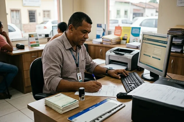 Profissional finalizando o licenciamento de veículo.