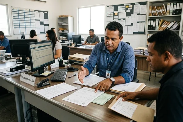 Profissional orientando cliente sobre transferência de veículo.