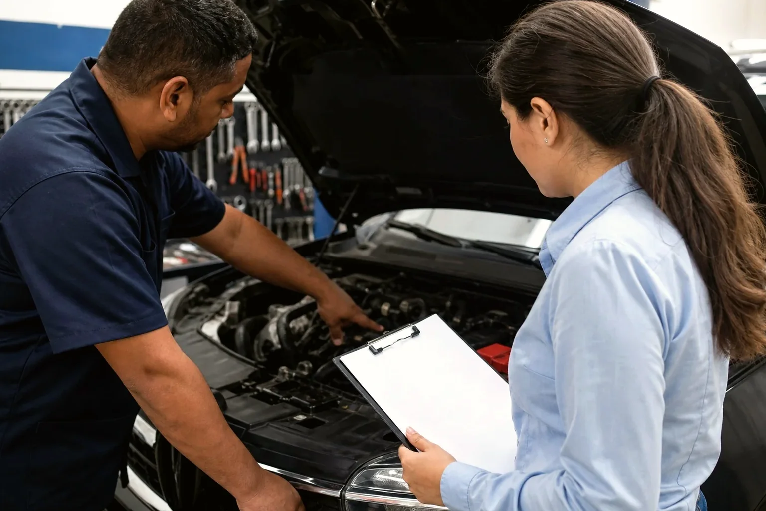 Profissional realizando cadastro de motor de veículo.